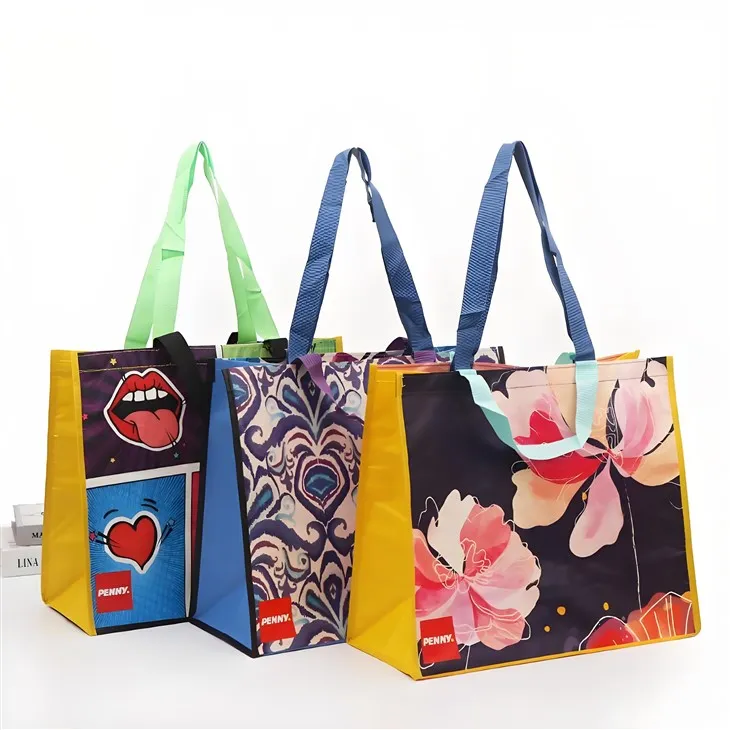 ถุงผ้าลามิเนตพิมพ์ลายสีสันสดใสโฆษณาถุงผ้าไม่ทอ